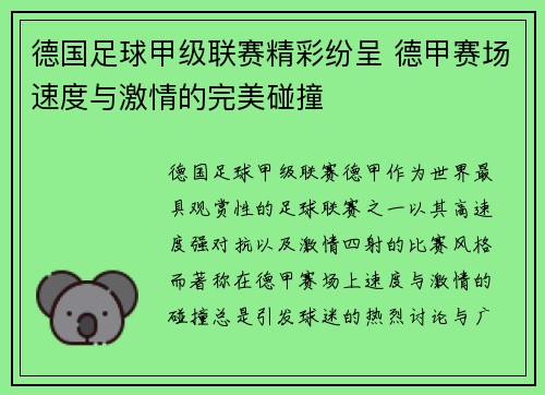 德国足球甲级联赛精彩纷呈 德甲赛场速度与激情的完美碰撞
