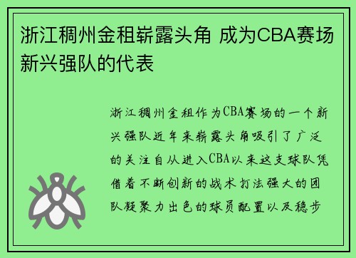 浙江稠州金租崭露头角 成为CBA赛场新兴强队的代表