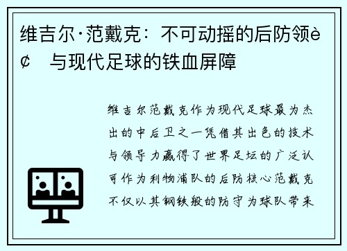 维吉尔·范戴克：不可动摇的后防领袖与现代足球的铁血屏障