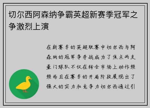 切尔西阿森纳争霸英超新赛季冠军之争激烈上演