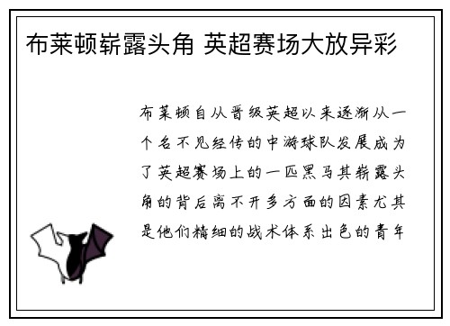 布莱顿崭露头角 英超赛场大放异彩
