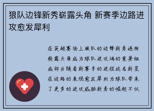 狼队边锋新秀崭露头角 新赛季边路进攻愈发犀利