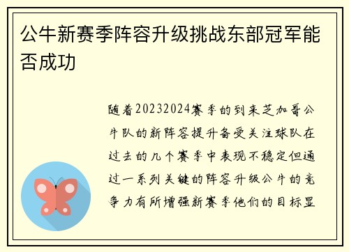 公牛新赛季阵容升级挑战东部冠军能否成功
